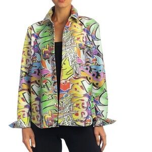 Blu Ice Large Graffiti Print 100% Leather Button Down Shirt‎ Multi Color
